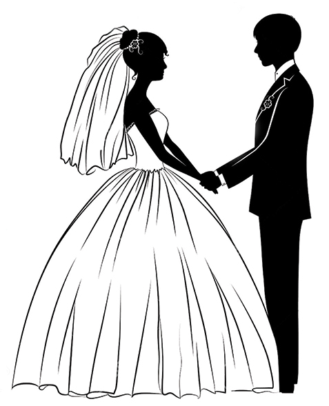 silhouettes of the bride and groom in classical dress