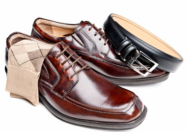 Brown leather shoes with socks and belt