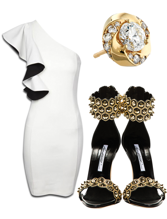 One Shoulder Monochrome Ruffle Dress, Atlantico Diamond Studs & Brian Artwood