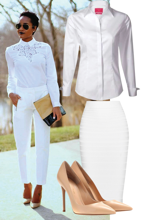 Candice, White Shirt, Pencil Skirt & Gianvito Rossi Nude Pumps