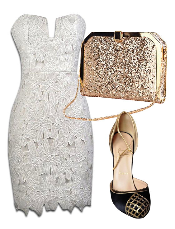 White Strapless Lace Dress, Gold Glitter Clutch Bag & Christian Louboutin Black Gold Heels