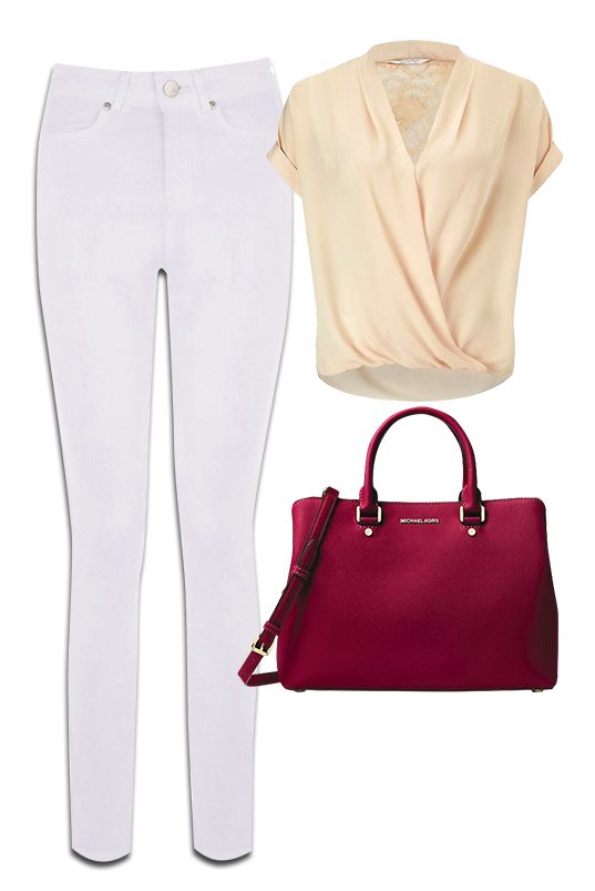 Oasis White Jeans, Nude Blouse & Micheal Kors Handbag