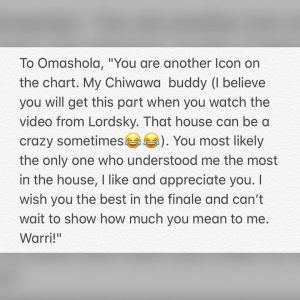 BBNaija's Tacha writes sweet notes to the top 5 housemates,