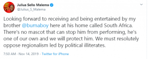 Julius Malema assure Burna Boy safety 