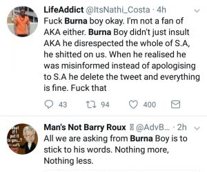 Tweet against Burna Boy