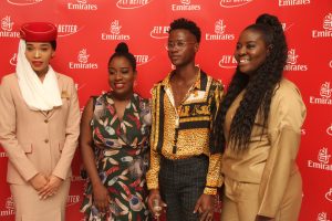 L-R   Emirates Cabin Crew, Magdalene Odigie; Sisi Yemmie, a top Nigerian Food blogger/YouTuber; Social Media Influencer Aryee Caritas and Ekow Barnes a fashion writer/curator from Ghana, during Emirates Wine Tasting event held in Lagos.
