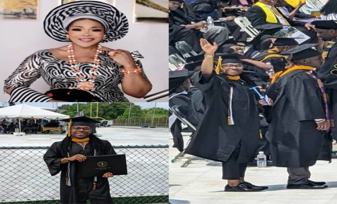 Shaffy Bello celebrates as her son