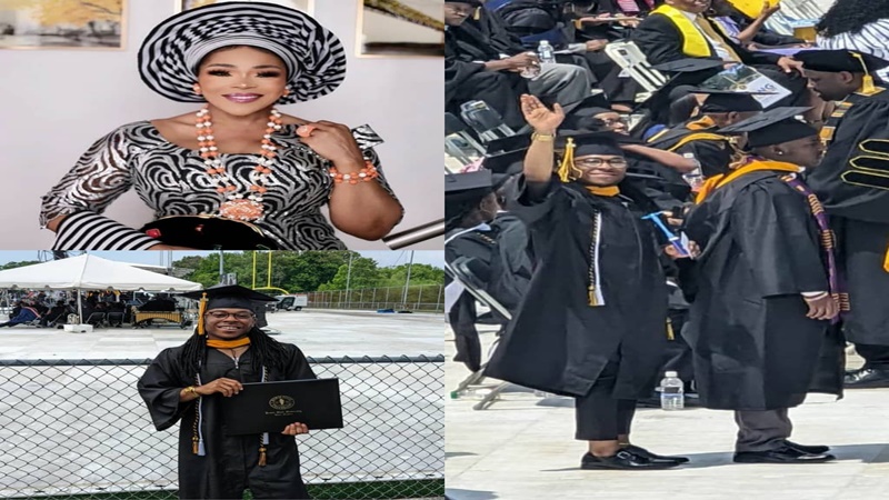 Shaffy Bello celebrates as her son